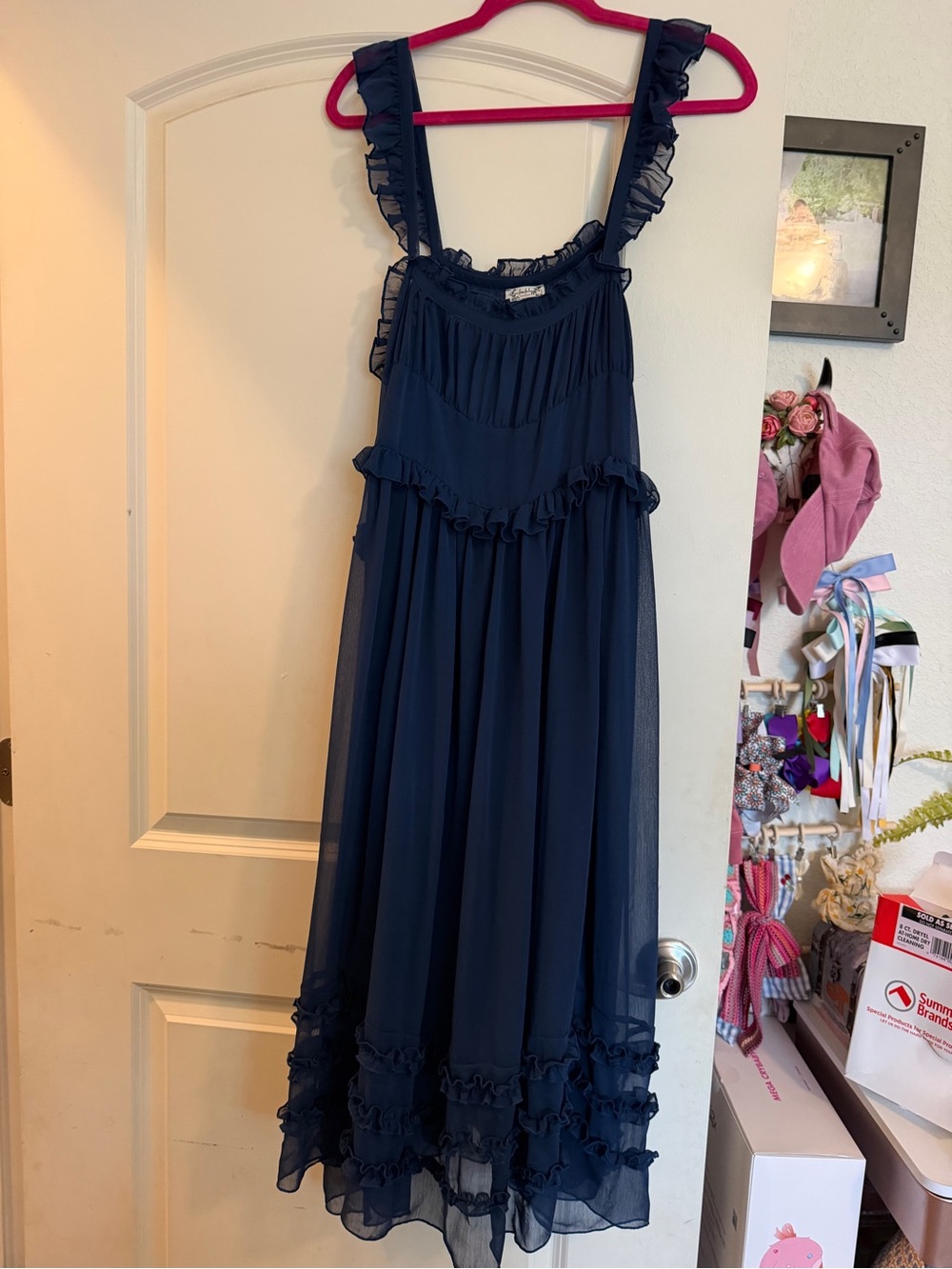 Navy Ruffle Sheer Dress